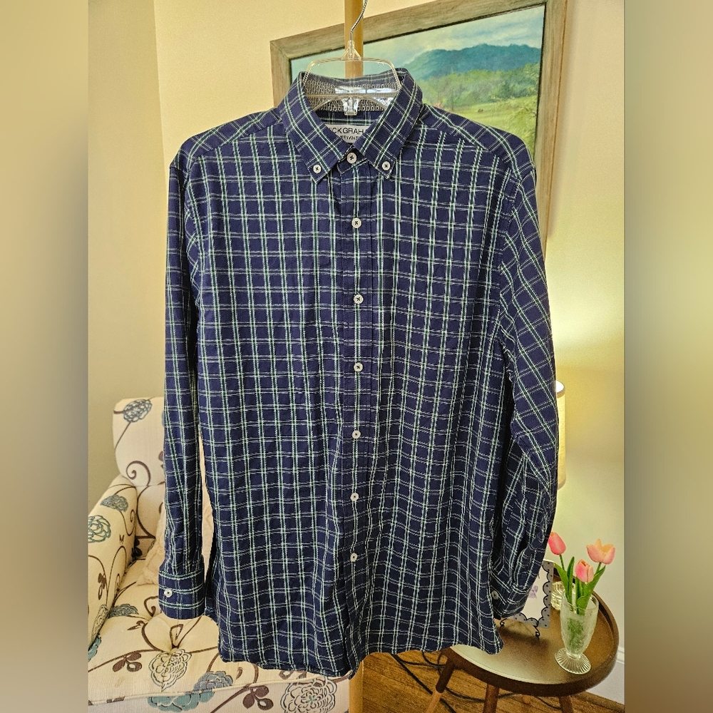 Nick Graham  Navy Plaid Dress Shirt Sz 15.5 32/33